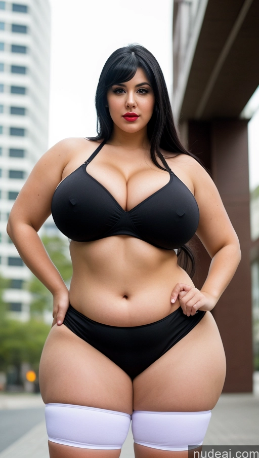 ai nude image of araffe woman in a black bikini and white stockings posing for a picture pics of Huge Boobs Lipstick Big Ass Abs Chubby Fairer Skin Black Hair Long Hair Indian Cosplay T-pose