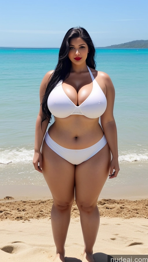 ai nude image of araffe woman in a white bikini posing on the beach pics of Huge Boobs Big Ass Abs Chubby Big Hips Fairer Skin Black Hair Long Hair Indian Lipstick Cosplay Beach