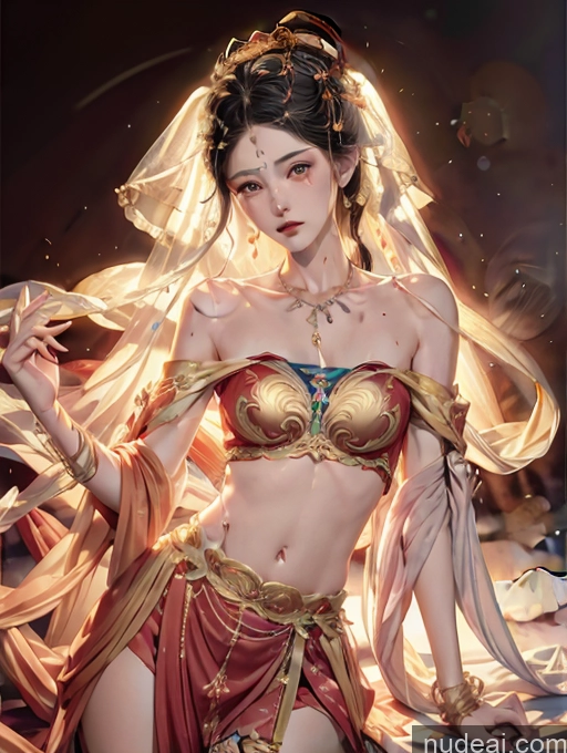 ai nude image of arafed woman in a red and gold costume with a veil pics of Model Skinny Beautiful 18 White Hair Japanese Long Hair Two China Goddess Fashion Dunhuang (敦煌) V1