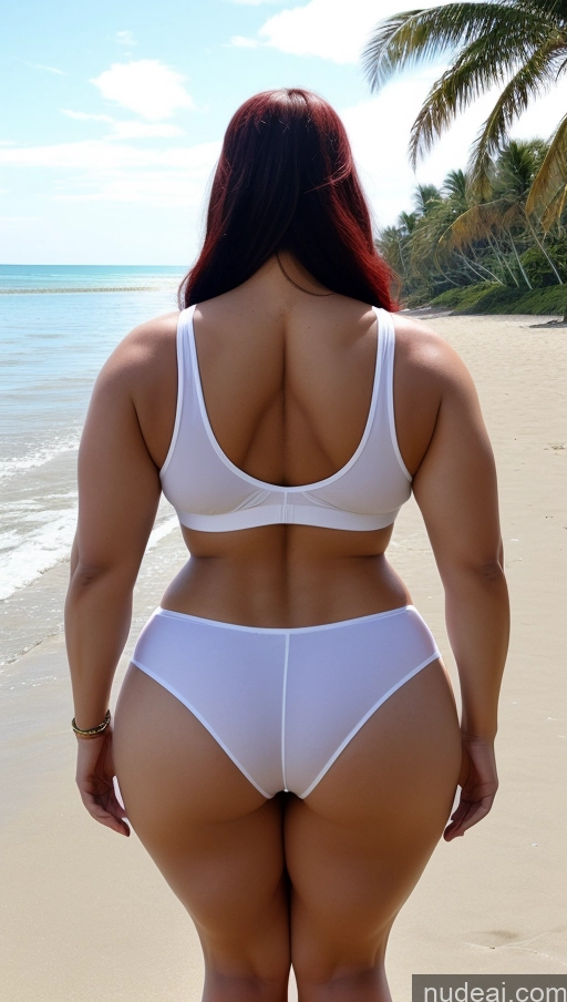 ai nude image of araffe woman in white bikini standing on beach with palm trees pics of Huge Boobs Big Ass Abs Chubby Big Hips Fairer Skin Black Hair Long Hair Indian Lipstick Cosplay Beach Muscular Back View