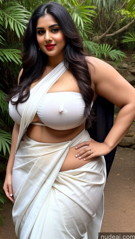 ai nude image of a close up of a woman in a white sari posing for a picture pics of Huge Boobs Big Ass Abs Chubby Big Hips Fairer Skin Black Hair Long Hair Indian Lipstick Sari