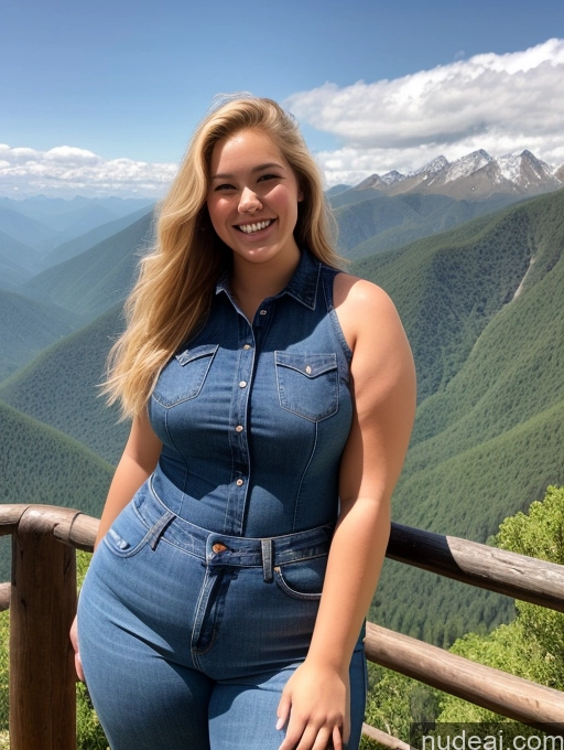 ai nude image of arafed woman in a denim jumpsuit standing on a wooden railing pics of Chubby Perfect Body 18 Happy Sexy Face Blonde Long Hair Indonesian Mountains Front View Jeans Big Ass