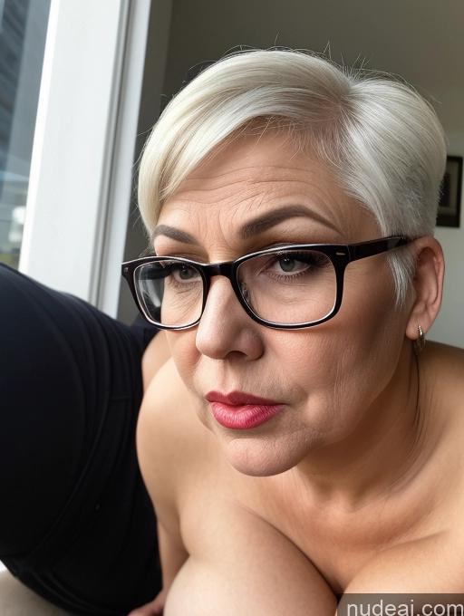 ai nude image of blond woman with glasses and a black top laying on a couch pics of Milf One Busty Glasses Lipstick Big Ass Thick Big Hips Skin Detail (beta) Front View Trench Coat 70s Huge Boobs White Hair Short Hair Stockings Fairer Skin Street Angry Pouting Lips