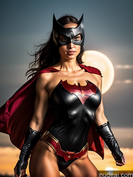 ai nude image of batmangirl posing in a black and red costume with a full moon in the background pics of Superheroine Powering Up Detailed Batwoman Strapless Superhero Muscular