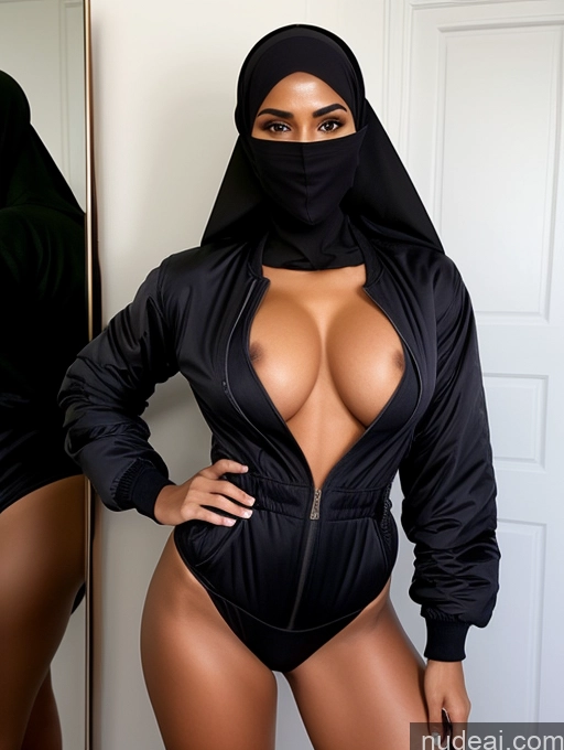 ai nude image of araffe wearing a black jacket and a black hood pics of Abs Perfect Body Busty Soft + Warm Perfect Boobs Jumpsuit Bomber Niqab