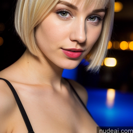 ai nude image of blond woman with a black bra top and a blue pool pics of Woman Beautiful Fairer Skin 18 Sexy Face Russian Club Close-up View Lipstick Blonde Short Hair