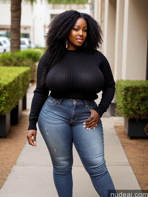 ai nude image of araffe woman in black sweater and jeans posing for a picture pics of Woman Perfect Boobs 30s Black Hair Long Hair African Jeans Huge Boobs Sweater Big Ass Big Hips High Heels Thick