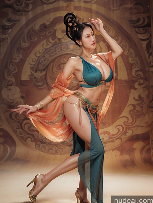 ai nude image of araffe woman in a blue and orange outfit posing for a picture pics of Model One Oiled Body Blue Hair Slicked Japanese High Heels Dunhuang (敦煌) V1 60s Huge Boobs Big Ass Big Hips