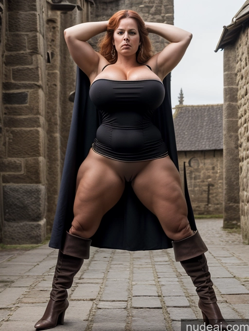 ai nude image of araffe woman in a black dress and boots posing for a picture pics of Bodybuilder Busty Huge Boobs Big Ass Big Hips 50s Angry Ginger German Medieval Dark_Fantasy_Style T-pose French Musketeer Dress Nude