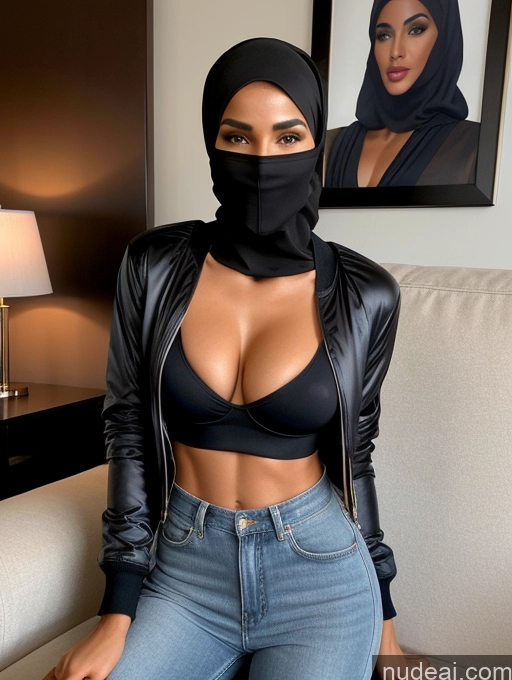 ai nude image of arafed woman wearing a black top and a black scarf pics of Miss Universe Model Abs Beautiful Perfect Boobs Perfect Body Jacket Blouse Bomber Niqab Couch Skinny Busty