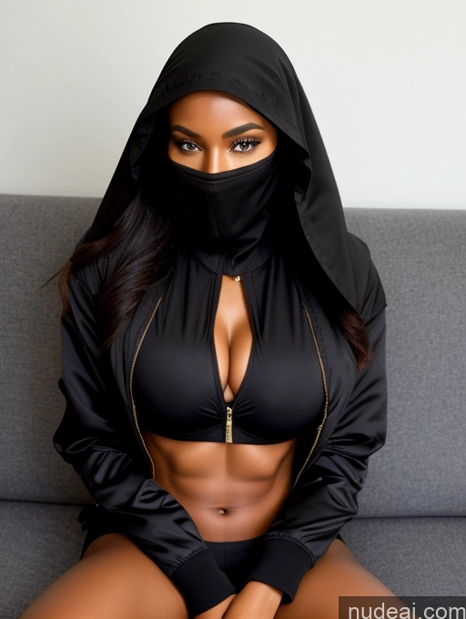 ai nude image of arafed woman in a black hood and black underwear sitting on a couch pics of Miss Universe Model Abs Beautiful Perfect Boobs Perfect Body Jacket Blouse Bomber Niqab Couch Skinny Busty African