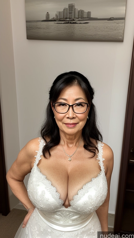 ai nude image of there is a woman in a wedding dress posing for a picture pics of Milf One Busty Perfect Boobs Big Ass Big Hips Pubic Hair Fairer Skin Black Hair Wedding Glasses Front View 60s Ponytail Asian