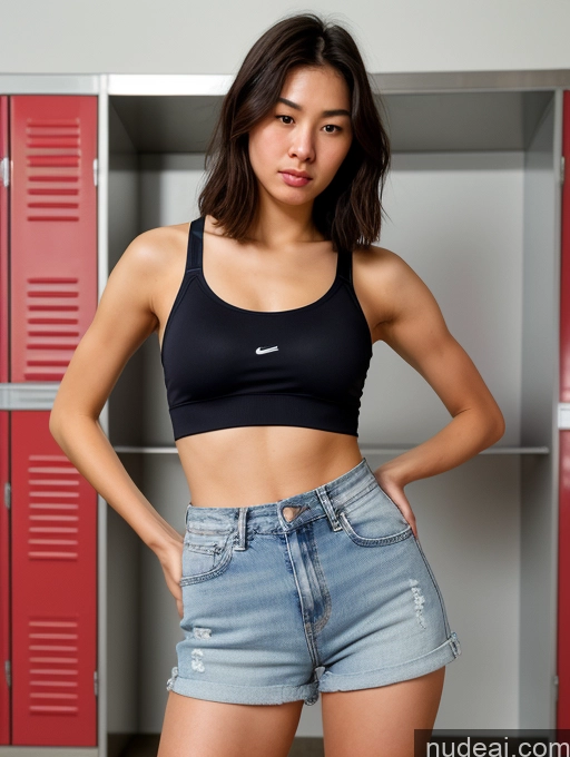 ai nude image of arafed woman in a black top and denim shorts posing for a picture pics of Woman One Small Tits Small Ass Skinny Long Legs Tall Dark Skin 18 Orgasm Shocked Angry Bobcut Locker Room T-pose Sports Bra Daisy Dukes Back View Korean