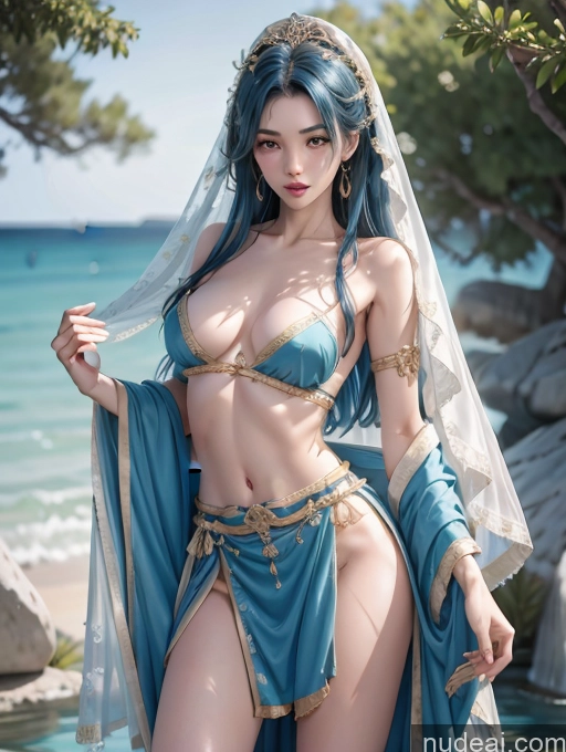 ai nude image of a woman in a blue dress posing in front of a body of water pics of Model One Perfect Boobs Skinny 18 Japanese Straight China Goddess Fashion Blue Hair Topless Undressing Panties