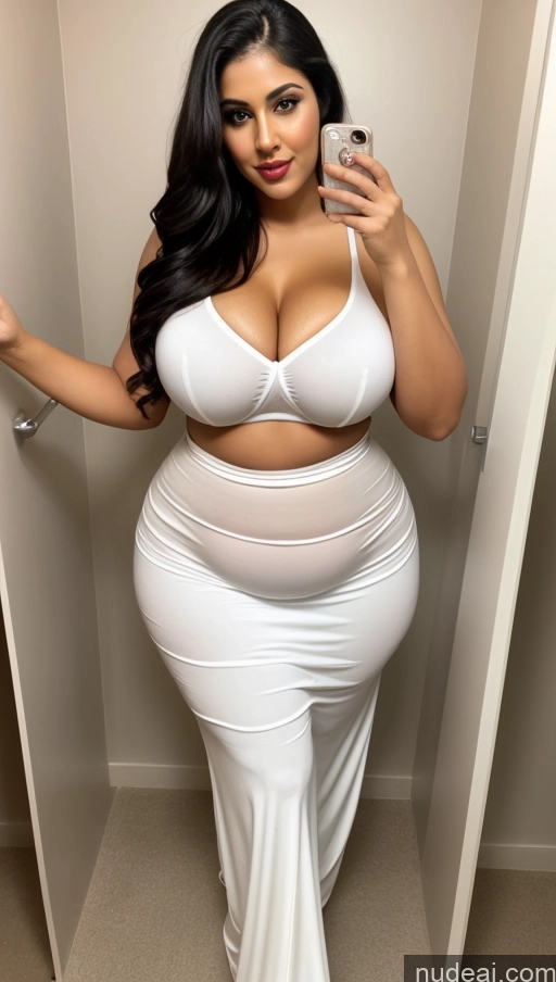 ai nude image of a woman in a white dress taking a selfie in a mirror pics of Lipstick Black Hair Indian Long Hair Busty Abs Big Ass Chubby Fairer Skin Perfect Boobs Big Hips Changing Room Salwar