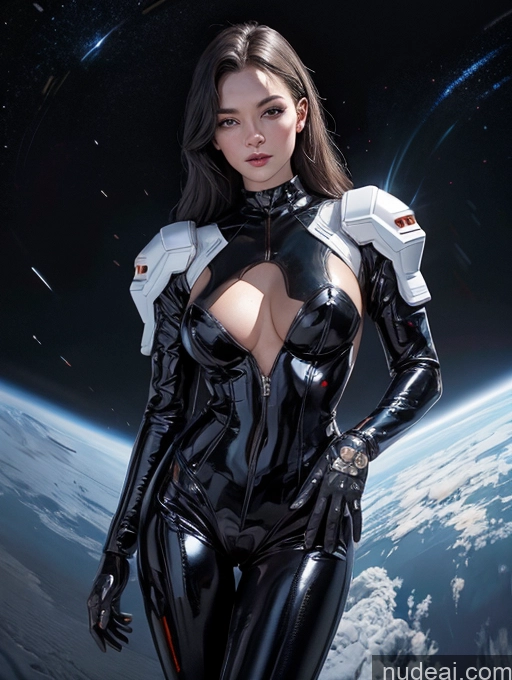 ai nude image of arafed woman in a black latex suit standing in front of a planet pics of Dark Lighting Reverse Bunny Suit Cyborg Stargazing 30s Russian Close-up View Latex Space Suit