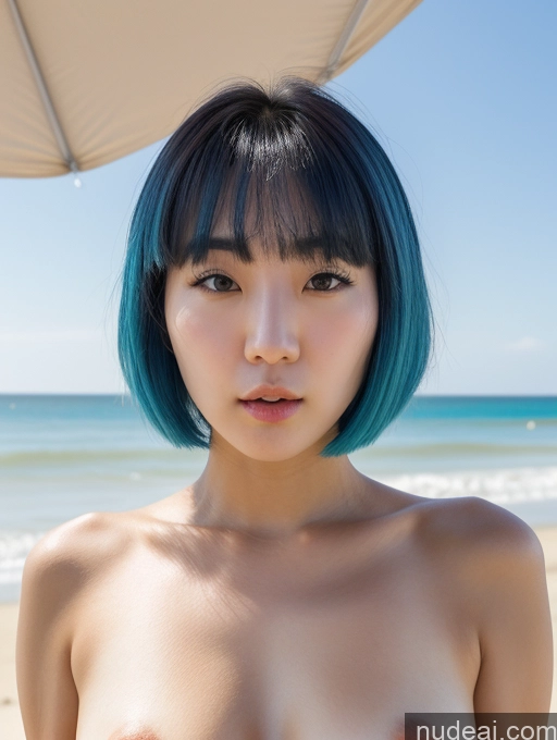 ai nude image of arafed asian woman with blue hair and a blue wig on the beach pics of Shocked Blue Hair Bobcut Korean Beach Nude Bright Lighting Detailed