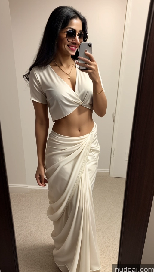 ai nude image of araffe woman in a white sari taking a selfie in a mirror pics of Woman Small Tits Sunglasses Lipstick Abs Fairer Skin Pubic Hair Happy Indian Small Ass 20s One Black Hair Blouse Sari Long Hair Mirror Selfie