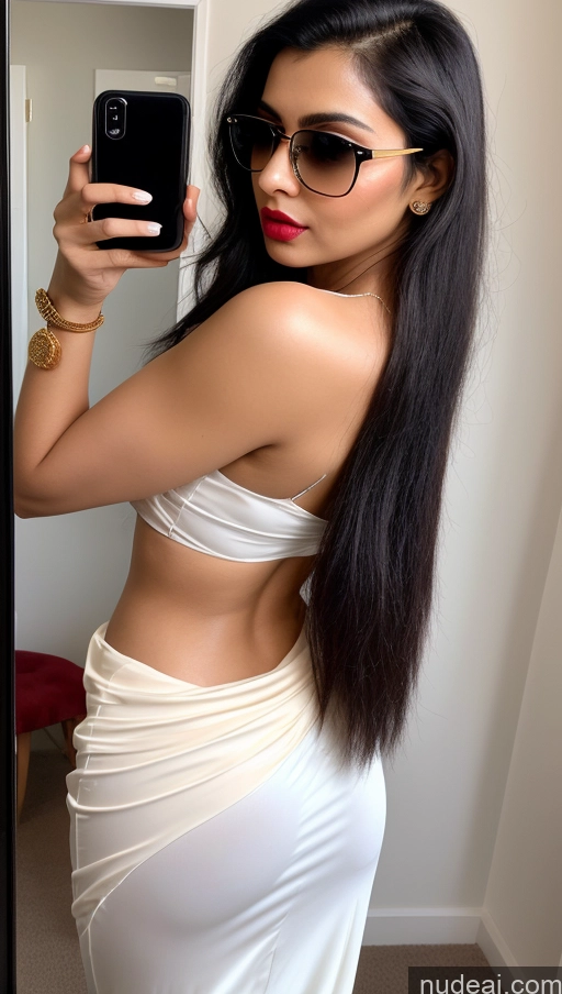 ai nude image of there is a woman taking a selfie in a white dress pics of Woman Small Tits Sunglasses Lipstick Abs Fairer Skin Pubic Hair Indian Small Ass 20s One Black Hair Sari Long Hair Mirror Selfie Pouting Lips Blouse Back View Cleavage