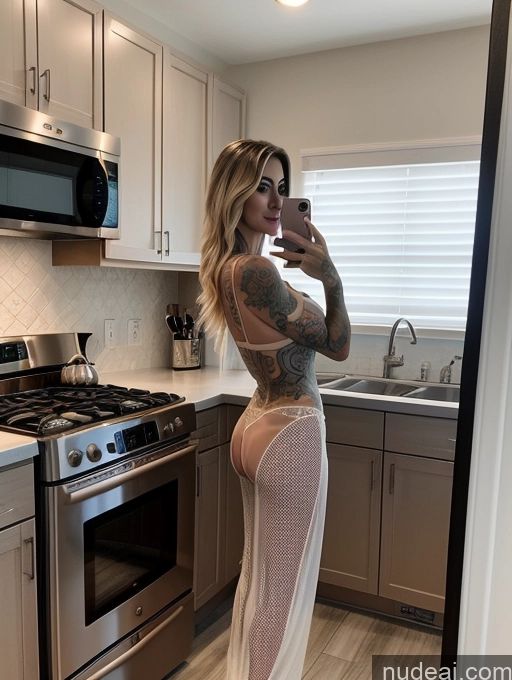 ai nude image of araffe in a fishnet dress taking a selfie in a kitchen pics of Milf Two Perfect Boobs Tattoos Sunglasses Perfect Body 30s Seductive Sexy Face Blonde Turkish Mirror Selfie Kitchen Front View Spreading Legs Nude Detailed Wine Transparent