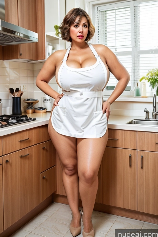 ai nude image of araffe woman in a white dress posing in a kitchen pics of Milf Busty Huge Boobs Big Ass Thick Chubby Big Hips Short Hair 60s Kitchen Front View Kitchen Apron - Naked & Not Naked Pouting Lips Serious