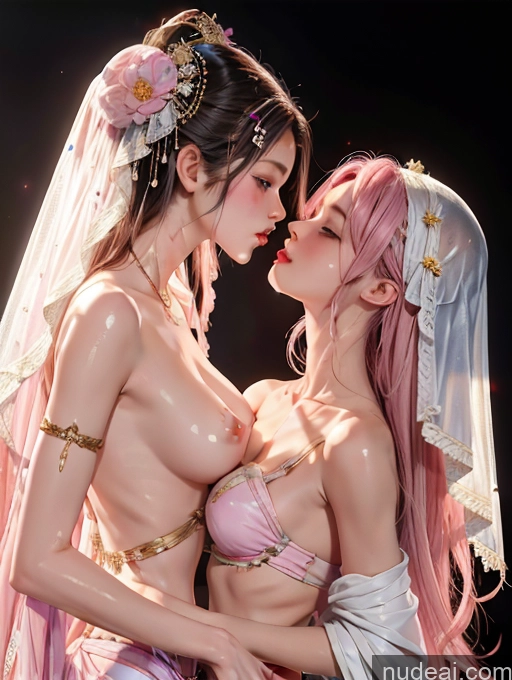 ai nude image of they are two women in a wedding dress and veils pics of Model Two Beautiful Skinny 18 Pink Hair Long Hair Japanese Kisses China Goddess Fashion