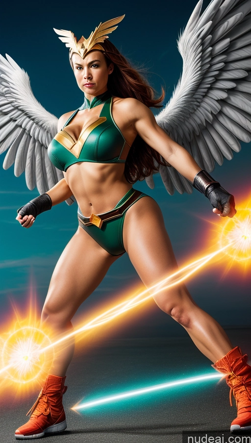 ai nude image of arafed woman in a green and gold outfit with wings pics of Powering Up Hawkgirl