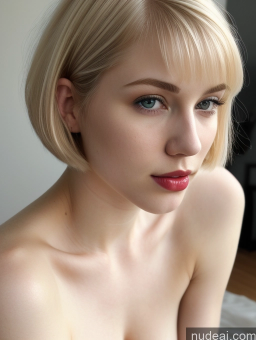 ai nude image of blond woman with blue eyes and a red lip posing on a bed pics of Woman One Fairer Skin 18 Russian Beautiful Blonde Short Hair Lipstick Close-up View