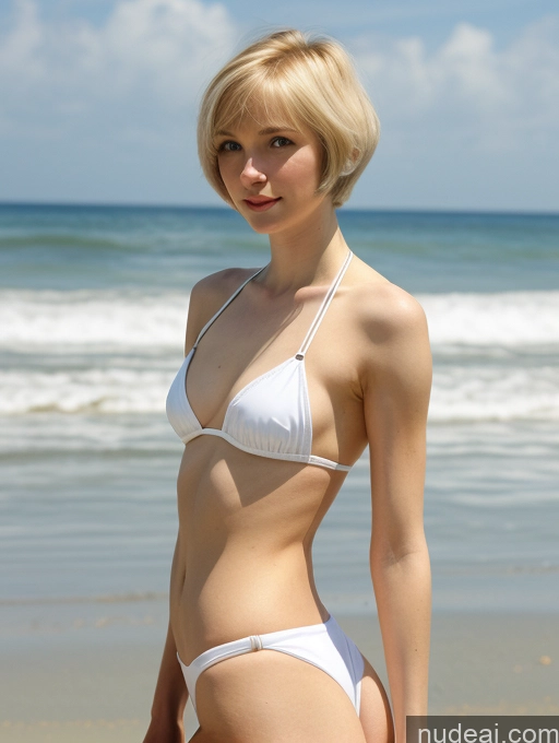 ai nude image of blond woman in white bikini standing on beach with ocean in background pics of Woman One Small Tits Beautiful Skinny Small Ass Fairer Skin 18 Blonde Short Hair Russian Front View Beach Bikini