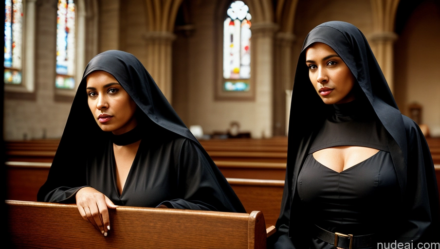 ai nude image of two women in black robes sitting in a church pew pics of Woman One Skinny Busty Dark Skin 40s Seductive Sexy Face Black Hair Long Hair Indian Vintage Church Front View Nun Jewelry Dark Lighting Detailed