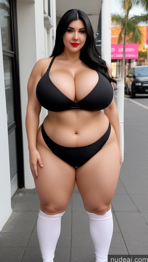 ai nude image of araffe woman in a black bikini and white socks posing for a picture pics of Huge Boobs Lipstick Muscular Big Ass Abs Big Hips Fairer Skin Black Hair Long Hair Cosplay Fat