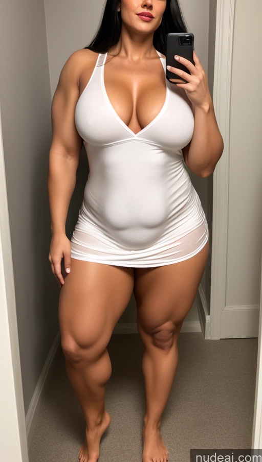 ai nude image of araffe woman in a white tank top taking a selfie in a mirror pics of Lipstick Muscular Big Ass Abs Big Hips Fairer Skin Black Hair Long Hair Fat Nightgown Indian Changing Room