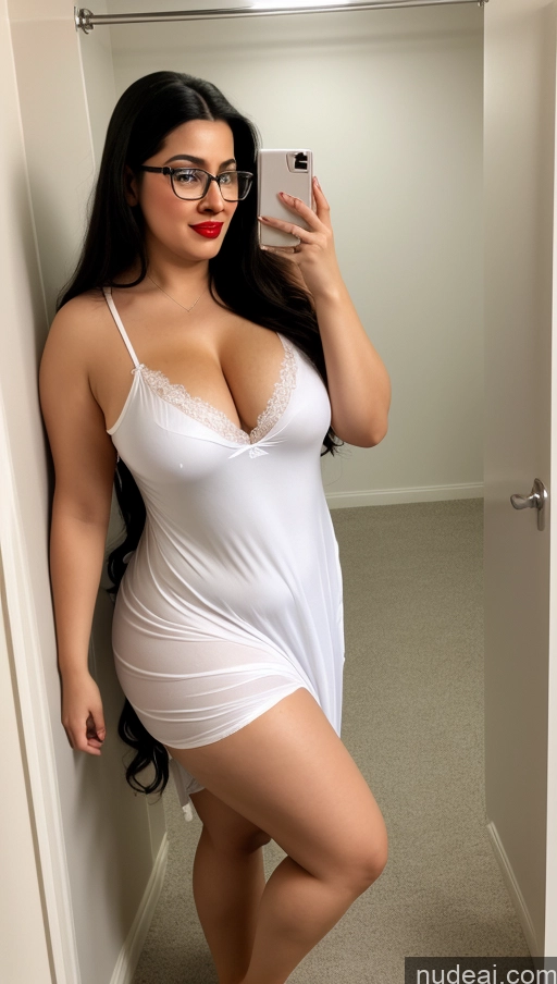 ai nude image of araffe woman in white dress taking a selfie in a mirror pics of Lipstick Big Ass Abs Big Hips Fairer Skin Black Hair Long Hair Fat Nightgown Indian Changing Room Glasses