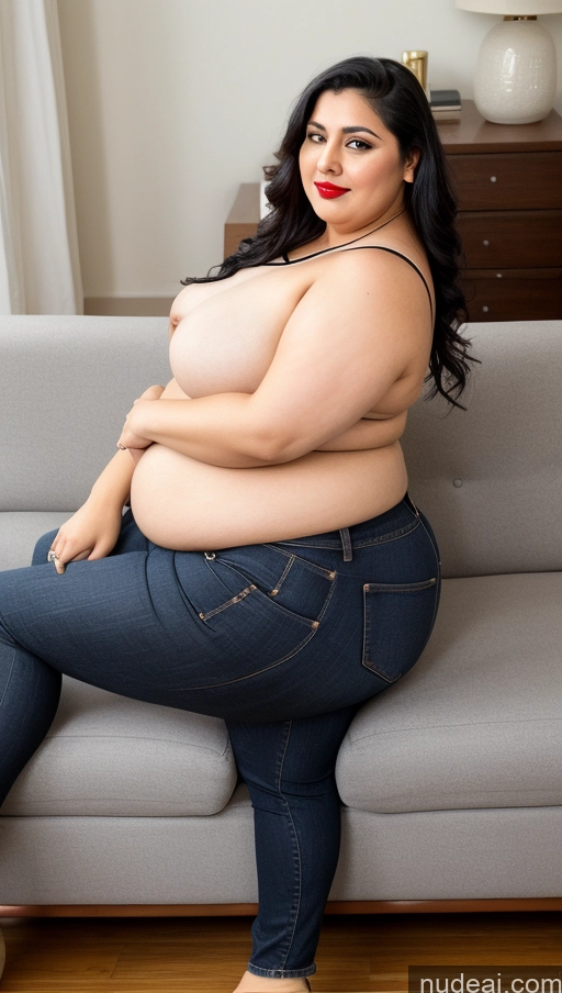 ai nude image of araffe woman sitting on a couch with her legs crossed pics of Lipstick Big Ass Abs Big Hips Fairer Skin Black Hair Long Hair Fat Indian Jeans Couch