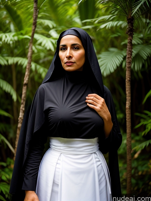 ai nude image of nun in black and white dress standing in a forest pics of Woman One 60s Seductive Black Hair Straight Front View Detailed Traditional Jungle Perfect Boobs Arabic Dark Lighting Skinny Perfect Body Busty Dark Skin Nun