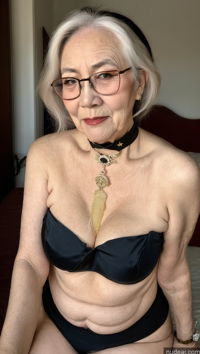 ai nude image of older woman in black bra top and glasses sitting on bed pics of Milf One Busty Perfect Boobs Big Ass Big Hips Pubic Hair Fairer Skin Black Hair Choker Glasses Korean Miss Hina: Genshin Impact Cosplayers 80s