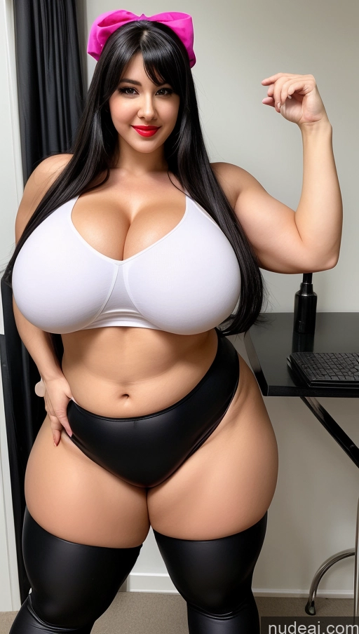 ai nude image of araffe woman in a white bra and black pants posing for a picture pics of Long Hair Huge Boobs Lipstick Muscular Big Ass Abs Chubby Big Hips Fairer Skin Black Hair Cosplay