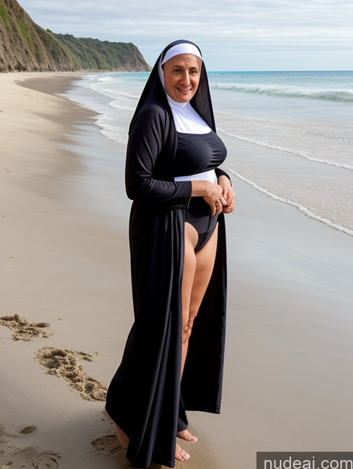 ai nude image of arafed nun standing on the beach in a black robe pics of Milf One Busty Big Ass 70s Long Hair British Nun Cleavage Thong Beach