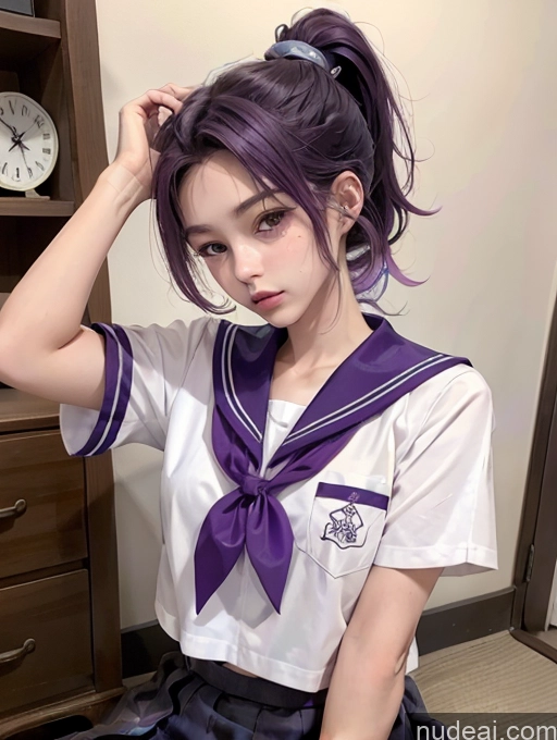 ai nude image of purple hair is tied up in a ponytail and a sailor uniform pics of Model One Beautiful Skinny 18 Purple Hair Ponytail Japanese JK Uniform