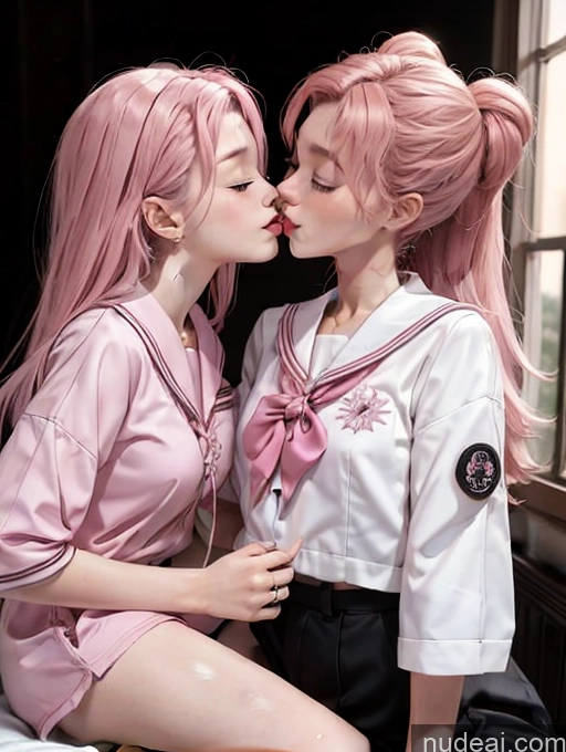 ai nude image of two women in sailor uniforms kissing each other on a bed pics of Model Beautiful Skinny 18 Long Hair Japanese Pink Hair Kisses Two JK Uniform