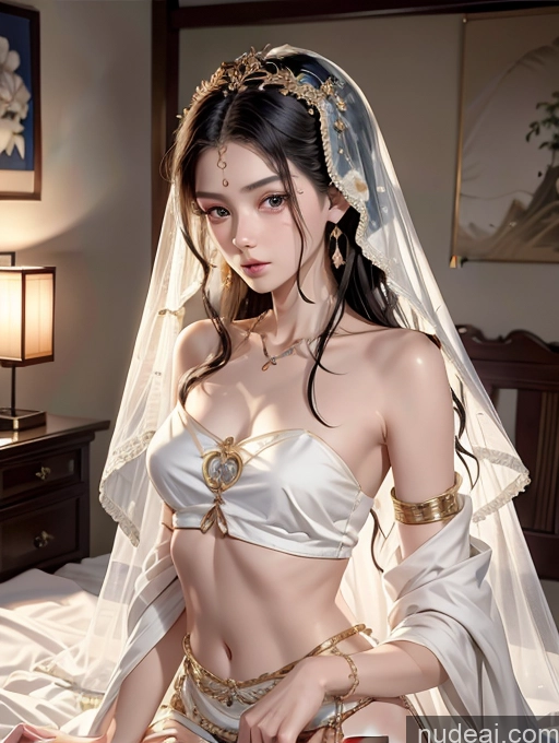 ai nude image of araffe woman in a white dress and gold jewelry on a bed pics of Model Skinny Beautiful 18 Black Hair Long Hair Japanese Two China Goddess Fashion Bedroom Close Up Vaginal + Creampie