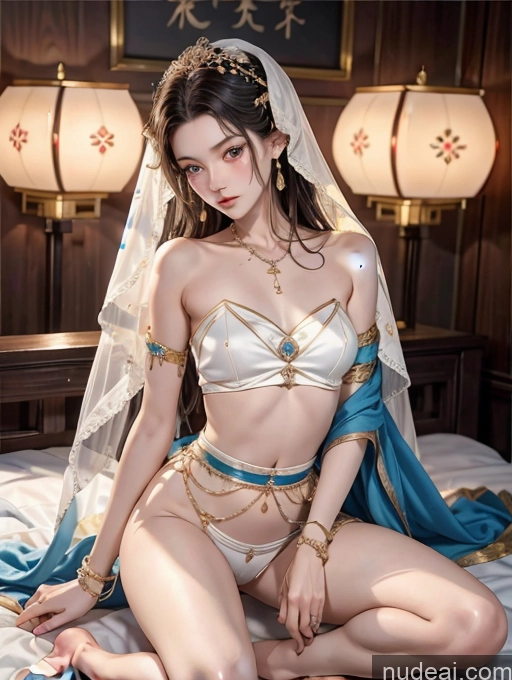 ai nude image of arafed asian woman in a white and blue costume sitting on a bed pics of Model Skinny Beautiful 18 Black Hair Long Hair Japanese Two China Goddess Fashion Bedroom Spread Pussy