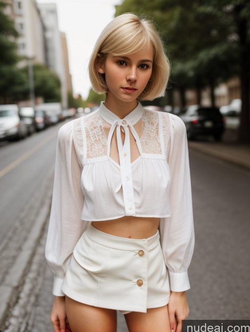 ai nude image of blond woman in white shirt and white skirt standing on street pics of Woman Small Tits Beautiful Small Ass Skinny Fairer Skin 18 Blonde Short Hair Russian Proper Attire | Chic Tops Microskirt Street