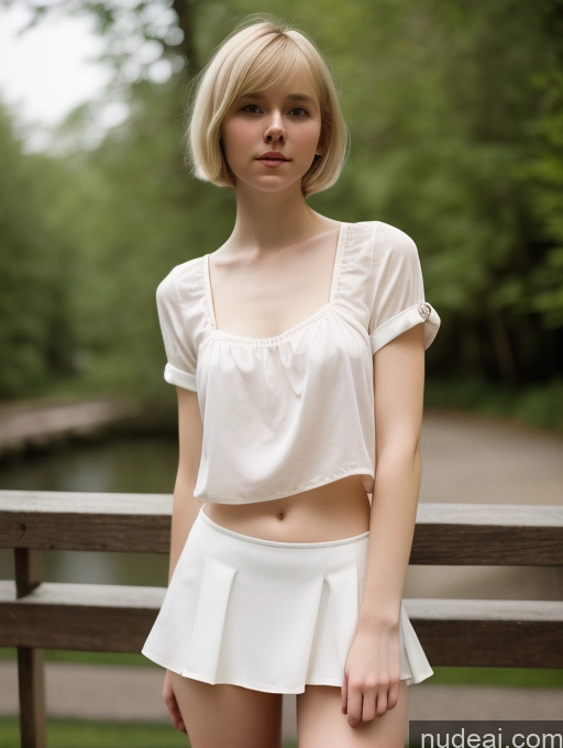 ai nude image of blond woman in white skirt posing on a wooden bench in a park pics of Woman Small Tits Beautiful Small Ass Skinny Fairer Skin 18 Blonde Short Hair Russian Microskirt Blouse