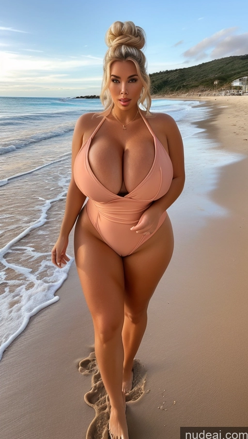 ai nude image of araffe woman in a pink bikini walking on the beach pics of Bimbo One Busty Perfect Boobs Big Ass Chubby Thick Long Legs Big Hips Perfect Body 30s Spanish Black Hair Beach Nude Hair Bun Huge Boobs Soft + Warm One Piece Swimsuit