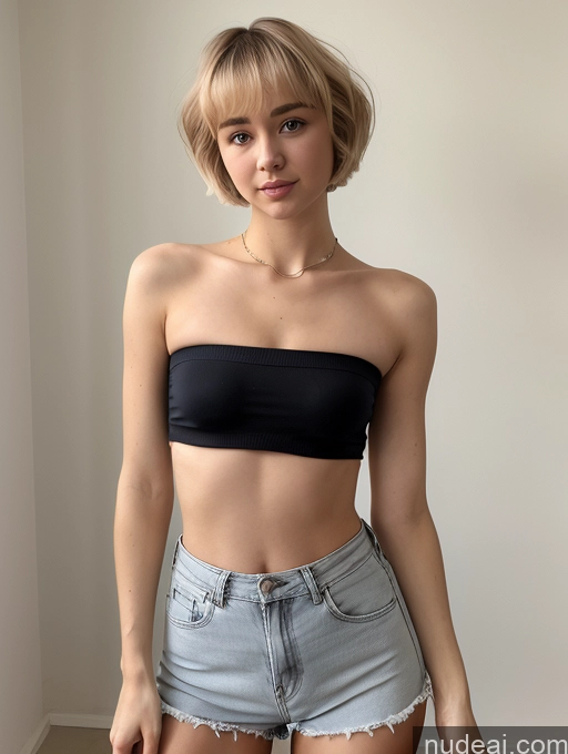 ai nude image of arafed woman in a black top and denim shorts posing for a picture pics of Woman Small Tits Beautiful Small Ass Skinny Fairer Skin 18 Blonde Short Hair Russian Front View Strapless Crop Top High-waist Denim Shorts