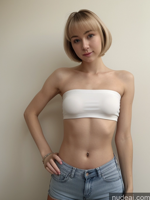 ai nude image of arafed woman in a white top and blue shorts posing for a picture pics of Woman Small Tits Beautiful Small Ass Skinny Fairer Skin 18 Blonde Short Hair Russian Front View Strapless Crop Top Jeans