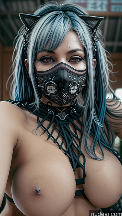 ai nude image of araffe with a mask and a cat ears is posing for a picture pics of Perfect Boobs Busty Close-up View Spread_legs, Pussy, Split_legs Gothic Punk Girl Ethiopian Blue Hair Straddling Cat Demon Milf Face Mask Nude