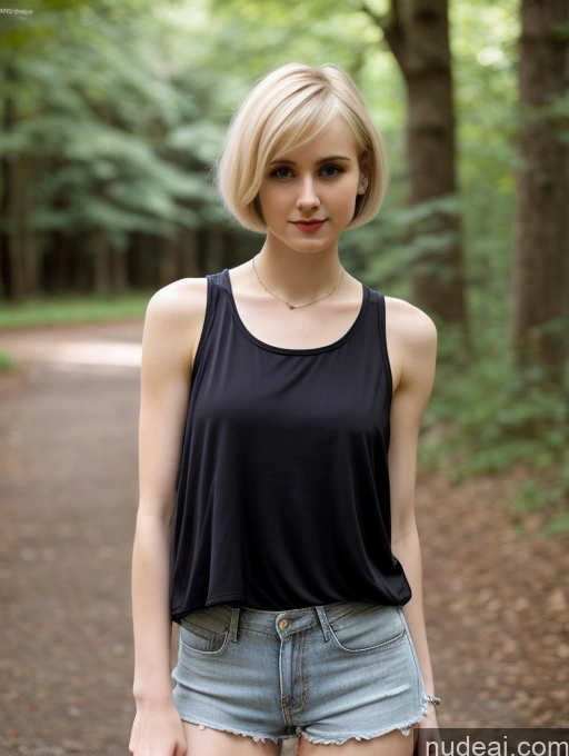 ai nude image of arafed woman in black tank top and denim shorts standing in the woods pics of Woman Small Tits Beautiful Skinny Small Ass Fairer Skin 18 Blonde Short Hair Russian Front View Goth Tank Top Short Shorts