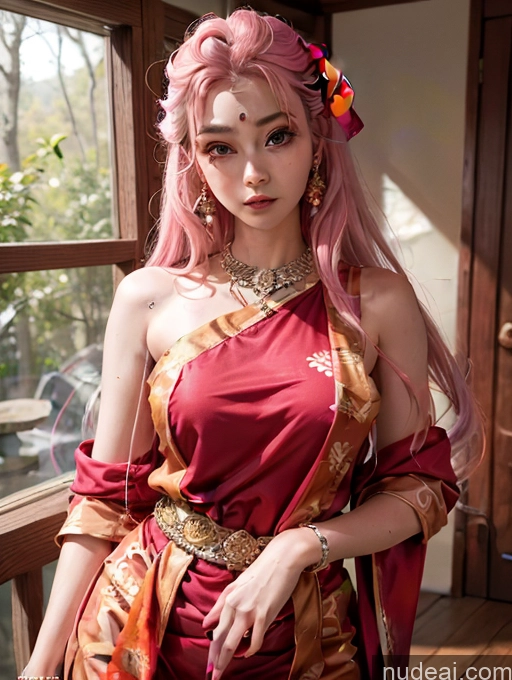 ai nude image of there is a woman with pink hair and a red dress posing pics of Model One Beautiful Skinny 18 Pink Hair Long Hair Japanese Dance Dress: Latin